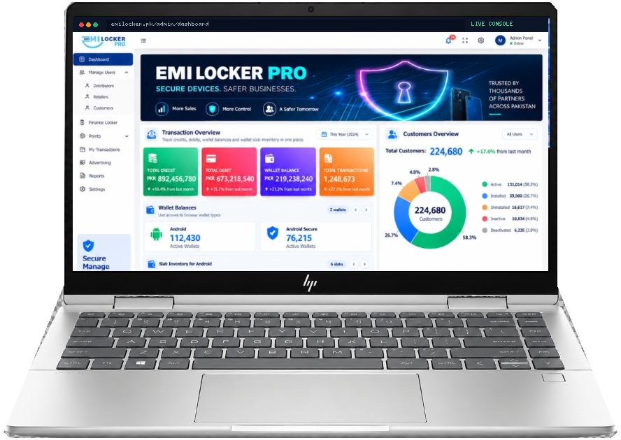 EMI Locker Pro Cloud Console on Laptop with Full Visible Keyboard